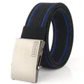 Men's casual nylon braided belt with matte silver buckle and blue striped pattern - Black and Royal Blue (Bold Stripes)