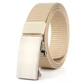 Close-up of light khaki nylon woven belt with a brushed metal automatic buckle - Standard Length / Silver Buckle Khaki