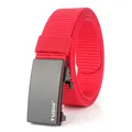 Detail of red nylon woven belt with a sleek matte black automatic metal buckle - Standard Length / Red