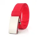 Close-up of red woven nylon belt with brushed silver automatic buckle and TUSHI logo - Standard Length / Silver Buckle Red
