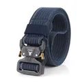 Navy blue tactical nylon belt for men with black quick-release cobra metal buckle - Royal Blue and White (Thin Stripe)
