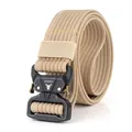 Khaki tactical nylon belt featuring a black metal cobra buckle with ENNIU logo branding - Khaki and White (Thin Stripe)