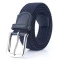 Navy blue elastic woven canvas belt for men and women with polished silver pin buckle - 105cm / Dark Blue