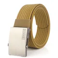 Khaki nylon tactical canvas belt with brushed metal buckle and woven texture - Coyote Brown