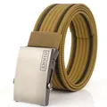 Men's khaki nylon tactical belt with dual black stripes and matte alloy automatic buckle - Coyote Brown and Black (Bold Stripes)