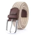 Men and women khaki elastic woven canvas belt with silver pin buckle and brown leather ends - 105cm / Khaki