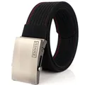 Men's black nylon canvas tactical belt with red stitched edges and silver metal buckle - Black and Red (Thin Stripe)