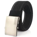 Classic black nylon outdoor belt with silver-gray brushed metal buckle for men - Black and White (Fine Stripes)