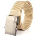 Beige nylon tactical canvas belt with brushed metal automatic buckle and woven texture - Khaki and White (Thin Stripe)