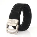 Schwarzer taktischer Nylon-Herrengürtel mit Doppelringschnalle und weißen Ziernähten - 120cm / Schwarz und Weiß (Dünne Streifen)