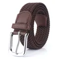 Dark coffee elastic braided canvas belt with silver pin buckle and leather finish - Brown