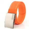 Vibrant orange nylon tactical belt with a brushed silver metal slide buckle - Orange and White (Fine Stripes)