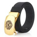 Men's black nylon tactical belt with a premium gold lion head metal automatic buckle - Bronze Buckle - Black