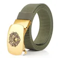 Men's green nylon canvas belt featuring a golden automatic buckle with a lion head relief - Bronze Buckle - Army Green