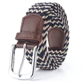 Navy and beige elastic woven belt with silver metal buckle and brown leather trim - Navy/Khaki