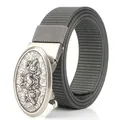 Men's dark gray nylon canvas belt with vintage wolf totem relief alloy buckle - Antique Silver Buckle - Dark Gray