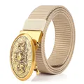 Tactical khaki nylon belt for men with a golden wolf head alloy buckle on white background - Bronze Buckle - Khaki