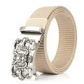 Men's khaki nylon belt with vintage silver dragon relief automatic buckle on white background - Dragon Head Relief Style / Antique Silver Buckle - Khaki