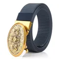 Men's navy canvas belt with gold-toned alloy wolf head automatic buckle design - Bronze Buckle - Royal Blue