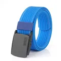 Ceinture tressée en nylon bleu avec boucle noire mate et coutures blanches élégantes - 100cm / Bleu Ciel et Blanc (Rayures Fines)