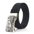 Men's thick black nylon tactical belt with eagle head embossed silver metal buckle - Antique Silver Buckle - Black