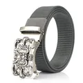 Men's gray nylon belt with silver dragon relief automatic buckle on white background - Dragon Head Relief Style / Antique Silver Buckle - Dark Gray
