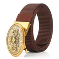 Men's dark brown nylon canvas belt with vintage gold alloy wolf head buckle - Bronze Buckle - Coffee