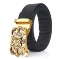 Men's black nylon belt with golden 3D dragon buckle and textured woven strap - Dragon Head Relief Style / Antique Copper Buckle - Black