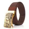 Thickened nylon tank pattern men belt with golden eagle embossed automatic metal buckle - Antique Copper Buckle - Coffee