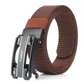 Men's dark brown nylon woven belt with a matte black automatic buckle on white background - Long / Brown