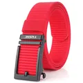 Men's casual red nylon canvas belt featuring a matte black automatic buckle with TUSHI logo - 125cm / Black Buckle - Red