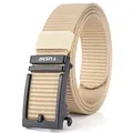 Men's khaki nylon tactical belt featuring a matte black automatic buckle with TUSHI logo - 125cm / Black Buckle - Khaki
