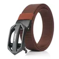 Dark brown nylon web belt for men featuring a geometric black automatic metal buckle - 120cm / Brown