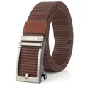 Brown nylon woven belt for men with matte metal automatic buckle and logo detail - 125cm / Silver Buckle - Coffee