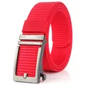 Bright red nylon canvas belt for men with a brushed metal automatic buckle and logo - 125cm / Silver Buckle - Red