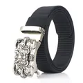 Men's black nylon belt featuring a vintage silver 3D dragon head relief metal buckle - Dragon Head Relief Style / Antique Silver Buckle - Black