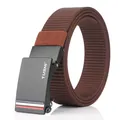 Men's dark brown nylon woven belt with black automatic alloy buckle and stripes - 120cm / Black Buckle - Coffee