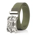 Army green nylon canvas belt for men featuring a silver dragon relief automatic buckle - Dragon Head Relief Style / Antique Silver Buckle - Army Green