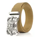 Khaki nylon web belt for men featuring a vintage silver dragon head metal buckle - Dragon Head Relief Style / Antique Silver Buckle - Wolf Brown