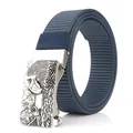 Men's navy blue nylon belt with silver eagle pattern automatic metal buckle - Antique Silver Buckle - Royal Blue
