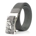 Men's dark gray nylon web belt featuring a vintage automatic buckle with eagle relief - Antique Silver Buckle - Dark Gray