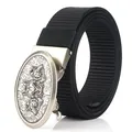 Men's black nylon canvas belt featuring a silver metal animal relief automatic buckle - Antique Silver Buckle - Black