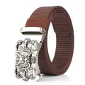 Men's brown nylon belt featuring a vintage silver dragon automatic buckle and woven strap - Dragon Head Relief Style / Antique Silver Buckle - Coffee