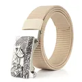 Khaki nylon web belt for men featuring a silver eagle relief metal automatic buckle - Antique Silver Buckle - Khaki