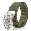 Olive green men's canvas belt with a vintage silver wolf-embossed automatic alloy buckle - Antique Silver Buckle - Army Green