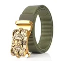 Army green nylon belt for men with a golden automatic buckle featuring a dragon relief - Dragon Head Relief Style / Antique Copper Buckle - Army Green