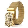 Khaki nylon tactical belt with vintage golden dragon relief buckle for men - Dragon Head Relief Style / Antique Copper Buckle - Wolf Brown