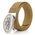 Men's outdoor canvas belt with wolf head alloy automatic buckle in khaki nylon fabric - Antique Silver Buckle - Wolf Brown