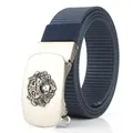Men's navy blue nylon belt with a silver automatic buckle featuring a lion head - Antique Silver Buckle - Royal Blue