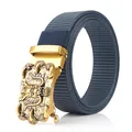 Men's navy blue nylon belt with golden automatic buckle featuring a dragon relief - Dragon Head Relief Style / Antique Copper Buckle - Royal Blue